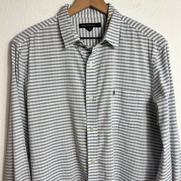 FRENCH CONNECTION MEN BUTTON DOWN LARGE GREY WHITE DRESS SHIRT 100% COTTON - Picture 4 of 6
